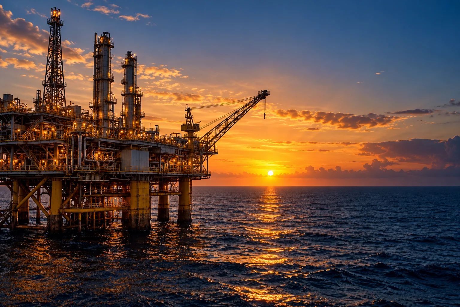 Imagem conceptual de uma plataforma petrolífera ao pôr-do-sol